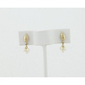 14k Yellow Gold Natural Pearl & Leaf Earrings Dangle Drop